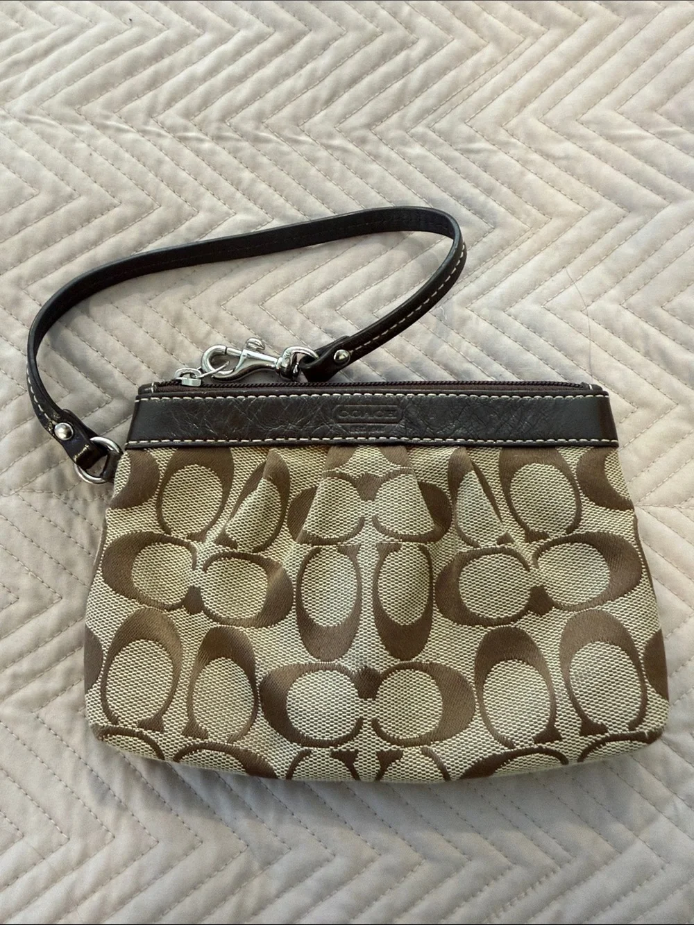 Coach Brown/Tan Signature Canvas Wristlet with Leather Trim